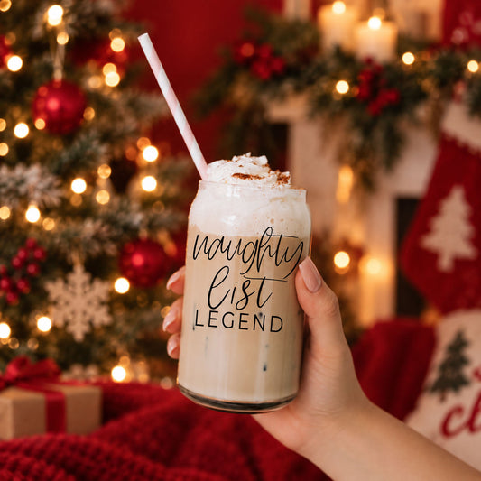 Naughty List Legend Christmas Glass Tumbler 17oz With Bamboo Lid & Metal Straw – Funny Holiday Coffee Cup