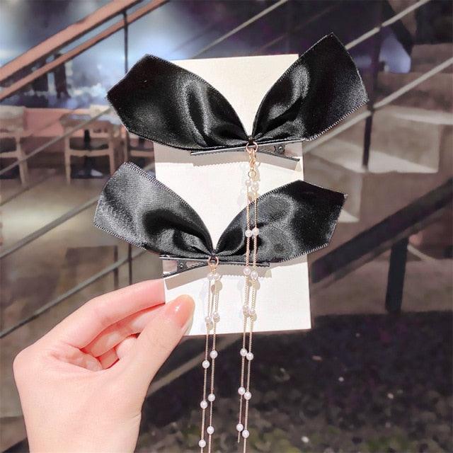 New Bow Pearls Chain Barrettes Hairpins For Women Rhinestone Spring Hair Clips Ribbon Headband Ponytail Headdress Wedding Hair Accessories for Brides and Bridesmaids