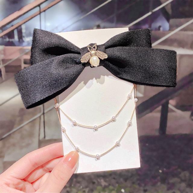New Bow Pearls Chain Barrettes Hairpins For Women Rhinestone Spring Hair Clips Ribbon Headband Ponytail Headdress Wedding Hair Accessories for Brides and Bridesmaids