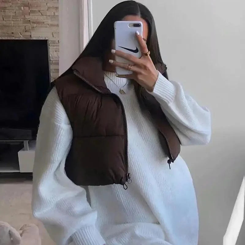 New Chic Lady Fashionable Women's Casual High Collar In Coffee Color Short Outwear Zippers Sleeveless Jackets Vest