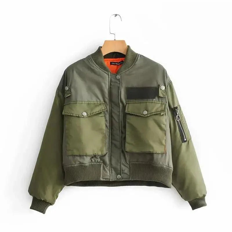 New Classic Design Autumn Winter Green Short Jackets Women Fashionable Long Sleeve Zipper Bomber Jacket Outwear Women's Coat