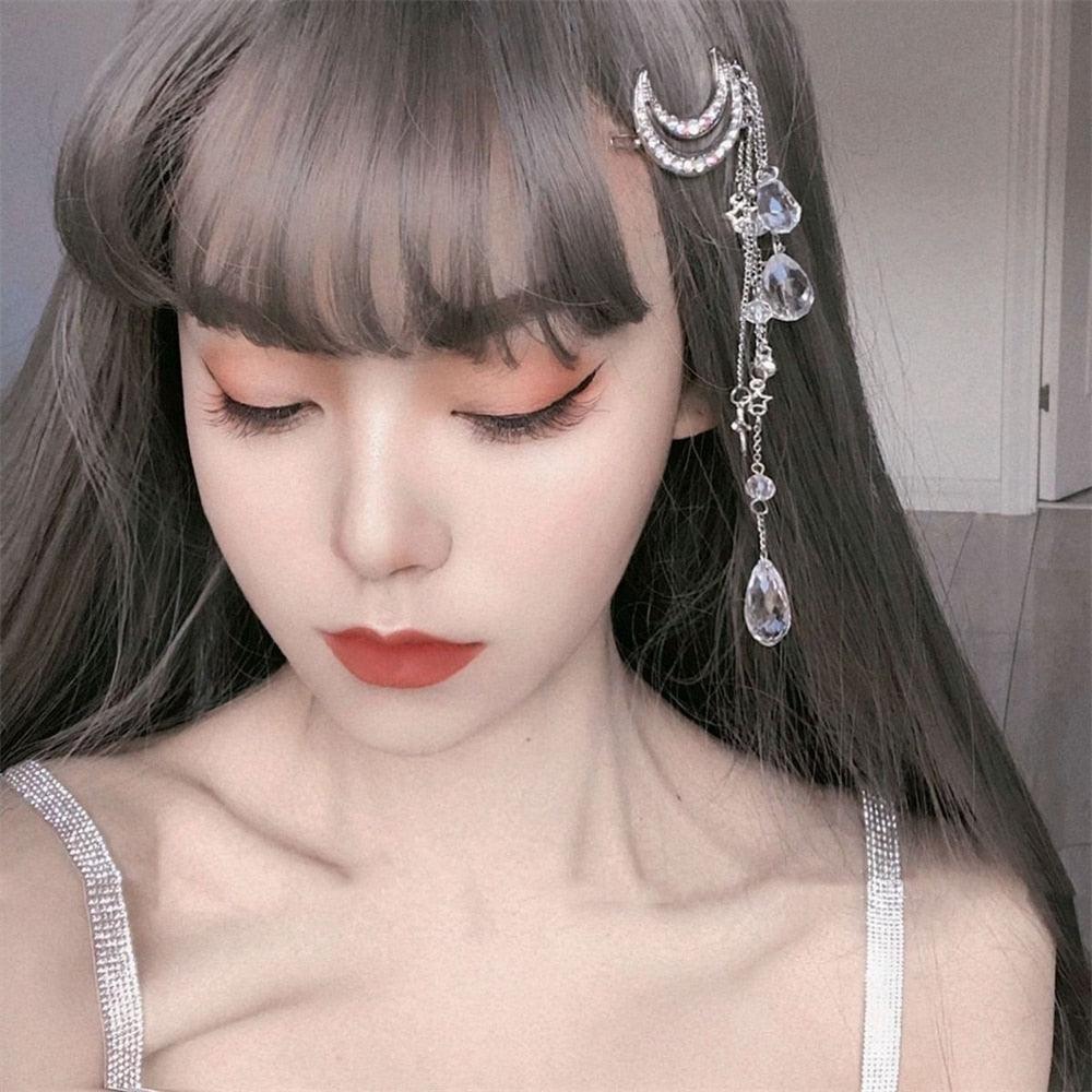 New Fashion Crystal Rhinestone Moon Tassel Hairpin Five-pointed Star Pendant Luxury Jewelry Crystal Side Clip Gorgeous Hair Accessories For Women
