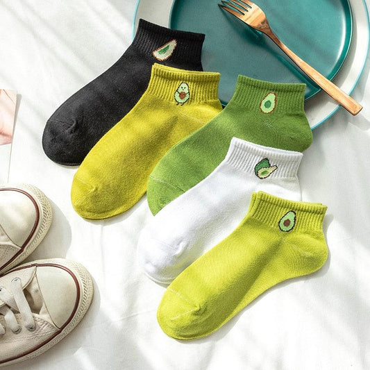 Solid Color Avocado Printed Socks Casual Joker Cotton Short Socks Ladies Fruit Print Concise College Style Breathable Cotton Short Socks For Men And Women