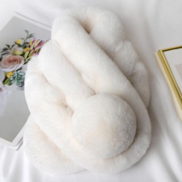 New Winter Solid Color Warm Thicken Soft Collar Scarf Faux Rabbit Fur Neckerchief Plush Warm Hot Scarfs Cross Collar Scarf Shawl Solid With Pearl Elegant For Women