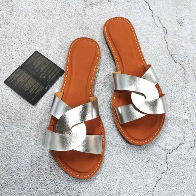 New Slides Women Summer Slippers Outdoor Summer Beach Shoes Fashion Slip-On Woman Slippers Leather Sandals Women's Flip Flops Leather Slide Beach Pool Slipper Sandals