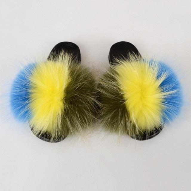 Summer Women Raccoon Fur Slippers Plush Slides Furry Sandals Fluffy House Shoes Girl's Cute Flip Flops Sandal With Soft Furry Faux Fox Fur House Outdoor Multicolor Slippers
