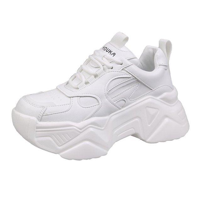 Women Platform Sneakers Leather Casual Ladies Chunky Shoes Woman High Black Fashion Thick Soled Sports Walking Shoes Lace Up Platform Leather Trainers Sneakers