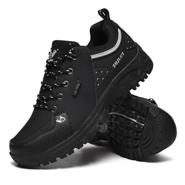 Black Leather Hiking Shoes Wear Resistant Outdoor Sport Mens Shoes Lace-Up Mens Climbing Hunting Low Cut Boots Leather Walking Shoes For Outdoor Training