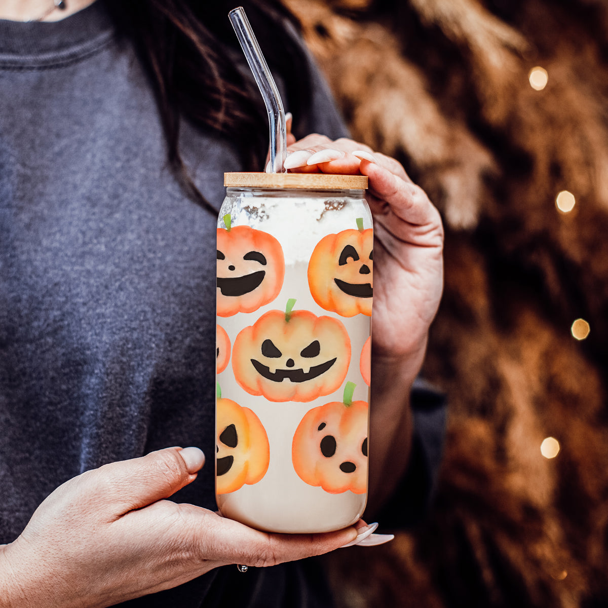 Pumpkin spice drink container
Glass tumbler with bamboo lid
20 oz reusable drink container
Halloween hostess gift
Thanksgiving drink tumbler