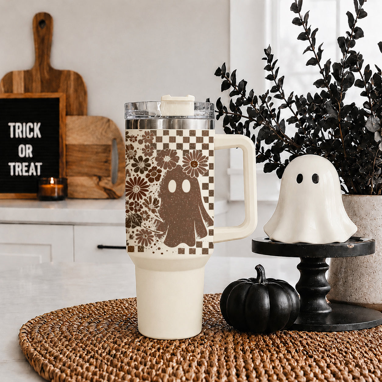 Retro Halloween drinkware with skull ghost and checkerboard art
Cute spooky tumbler with ghost skull and retro flowers
Halloween coffee tumbler with skull ghost and checkered print
Fall Halloween tumbler with ghost skull and floral pattern
40oz handled tumbler with retro Halloween artwork
Halloween insulated tumbler with skull ghost and flowers