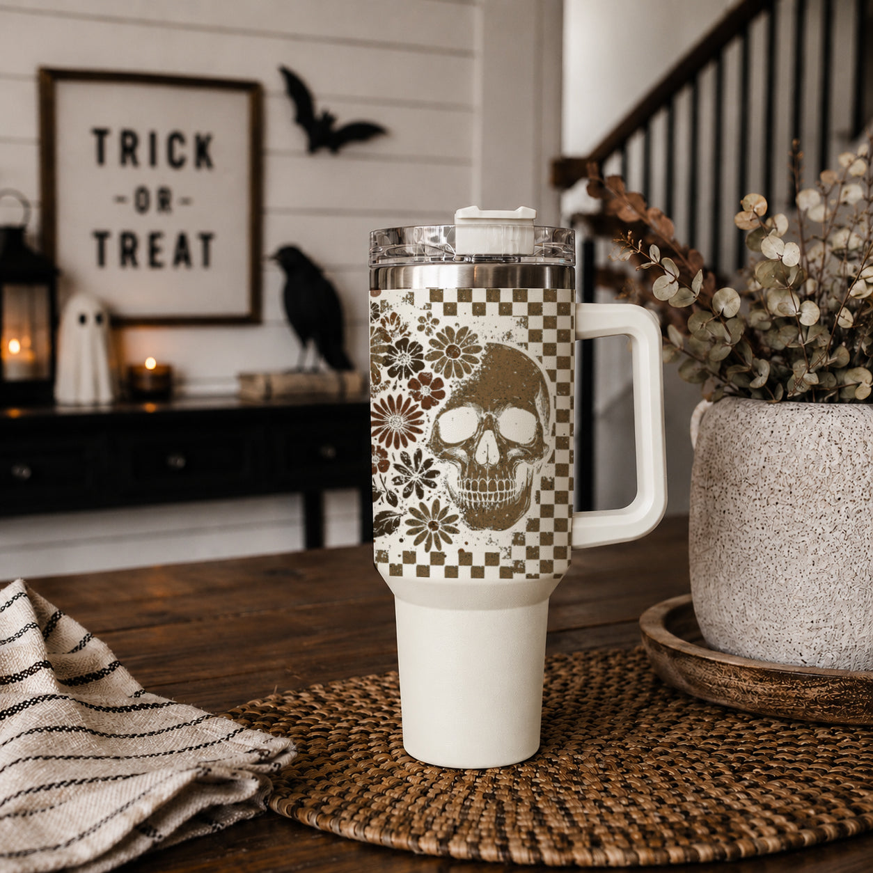 Retro Halloween cup with ghost skull and flower pattern
Neutral spooky season tumbler with skull and ghost print
Brown Halloween tumbler with retro skull and ghost design
40oz checkered Halloween tumbler with skull and ghost
Halloween travel tumbler with skull ghost and floral wrap
Spooky season travel cup with retro Halloween design