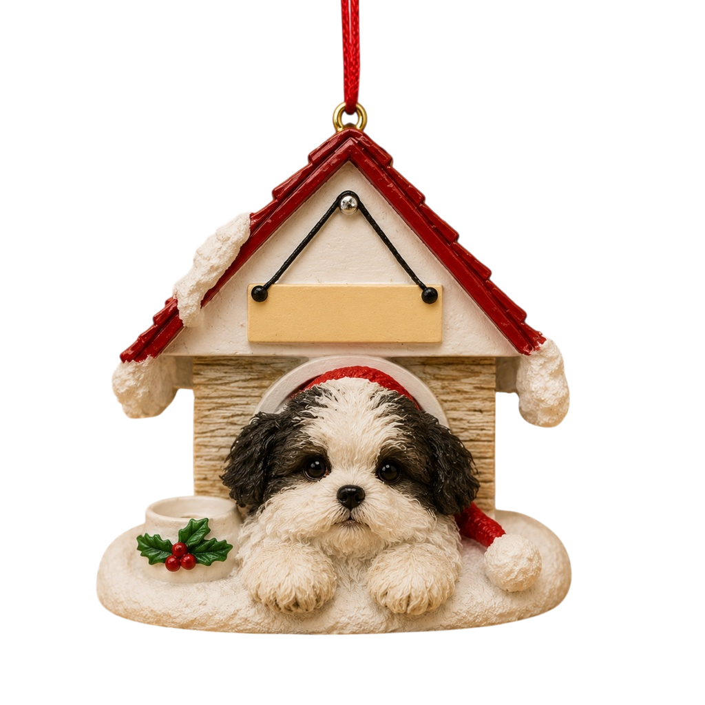 Ceramic Doghouse Ornament - Shih-Tzu - Black and White Puppy Cut