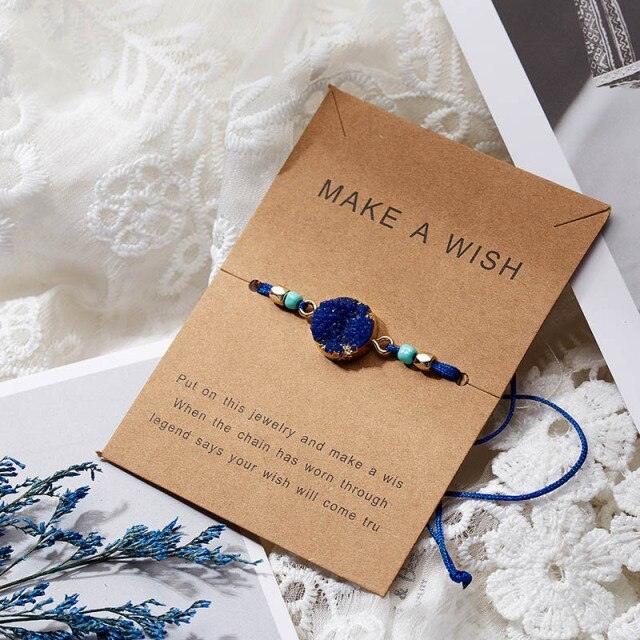 Simple Stone Charm Bracelet Colorful Black Red String Braided Couple Bracelets Wish Card Jewelry Handmade Woven Thread Rope String Nature Stone Beads Charm Bracelet Cuff Bangles With Message Card 18-30cm