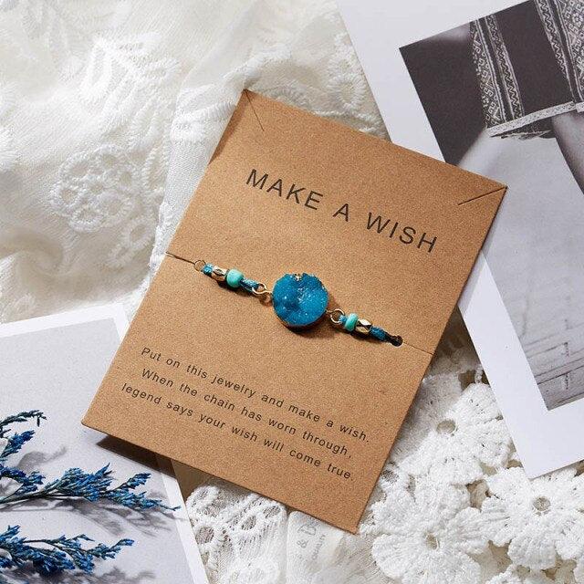 Simple Stone Charm Bracelet Colorful Black Red String Braided Couple Bracelets Wish Card Jewelry Handmade Woven Thread Rope String Nature Stone Beads Charm Bracelet Cuff Bangles With Message Card 18-30cm