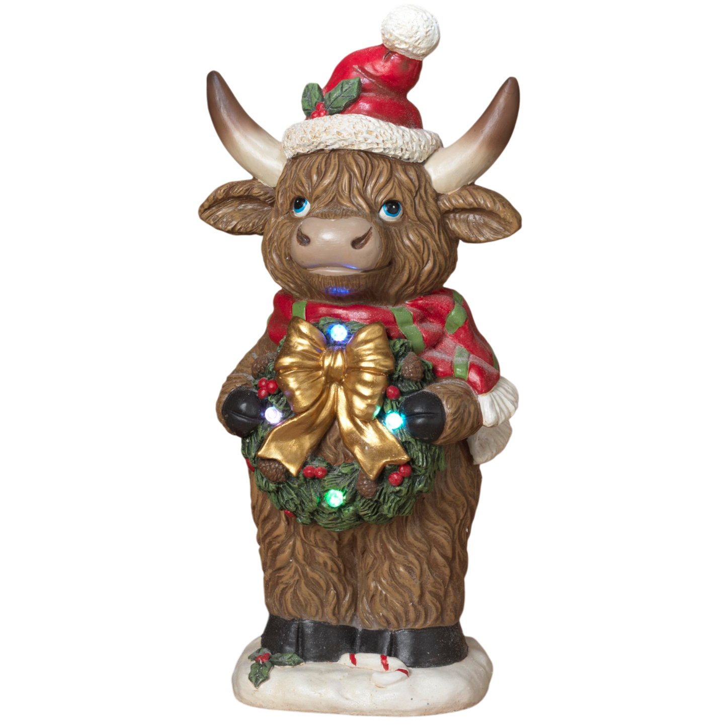 Holiday Highland Cow with Wreath – 26.7" Lighted Figurine with Timer