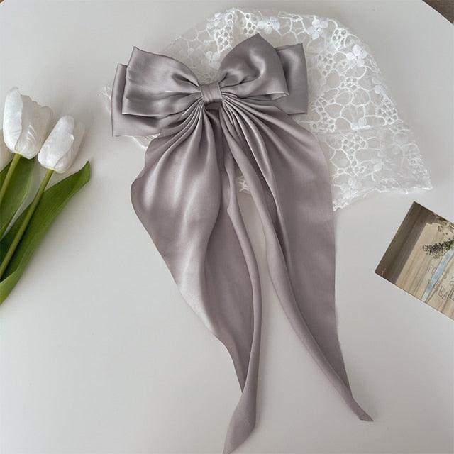 Solid Color Big Large Satin Bow Hairpins Barrettes For Women Girl Wedding Long Ribbon Hair Clip Fashion Hairgrips Accessories For Party