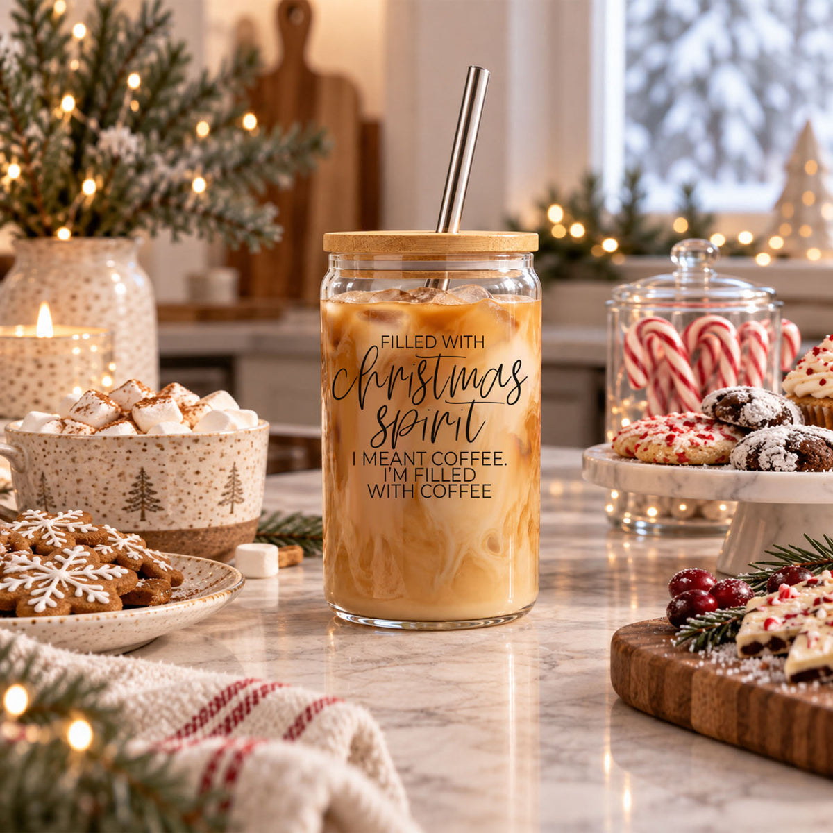 Shop this funny Christmas coffee cup featuring “Filled With Christmas Spirit, I Meant Coffee.” This 17oz glass tumbler includes a bamboo lid and metal straw and makes a cute Christmas gift for coffee lovers, teachers, coworkers and moms.