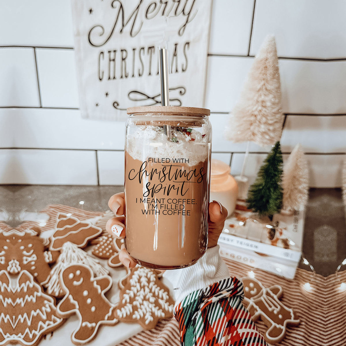 Funny Christmas Coffee Glass Tumbler 17oz With Bamboo Lid & Metal Straw – Filled With Christmas Spirit