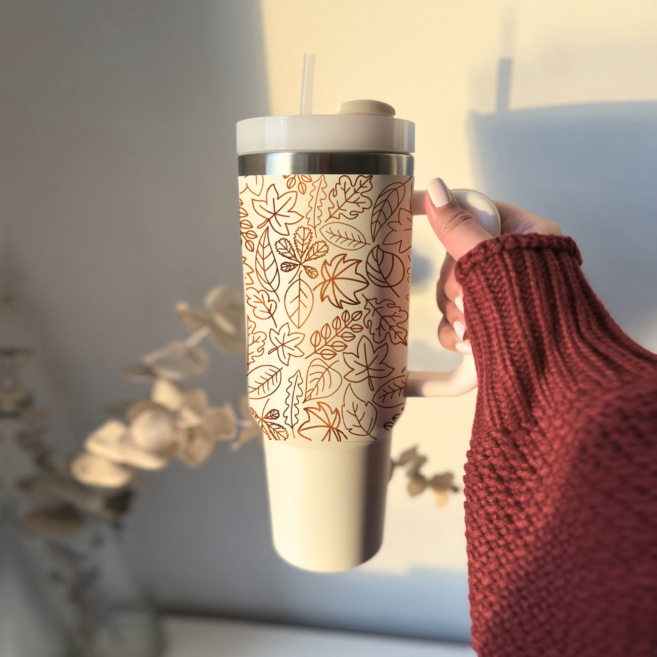cute farmhouse autumn tumbler
autumn leaf tumbler for moms
large neutral tumbler cup
cozy autumn accessory
fall leaves neutral aesthetic cup
cute chic autumn cup
pumpkin spice tumbler with handle