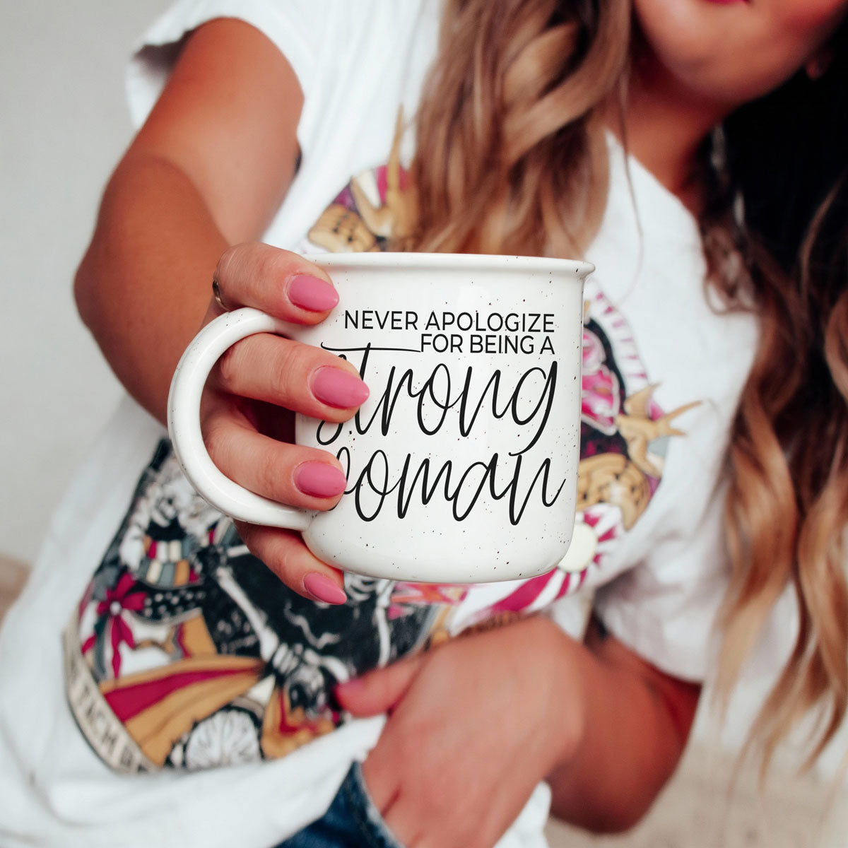coffee mug for women who know their worth
script quote mug never apologize for strength
lifestyle photo of woman with empowering quote mug
feminist inspirational mug on white background
strong woman mug for sister birthday gift
empowerment coffee mug for wife or girlfriend
daily affirmation mug for strong independent woman