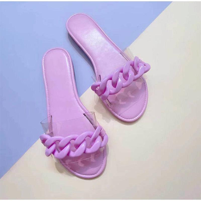 Summer Women's Slippers Flats Metal Chain Slides Square Toe Flip Flops Woman Beach Slipper Beach Open Toe Flat Slippers Fashion Golden Chain Luxury Slide Flip Flops Slip On Outdoor Slipper