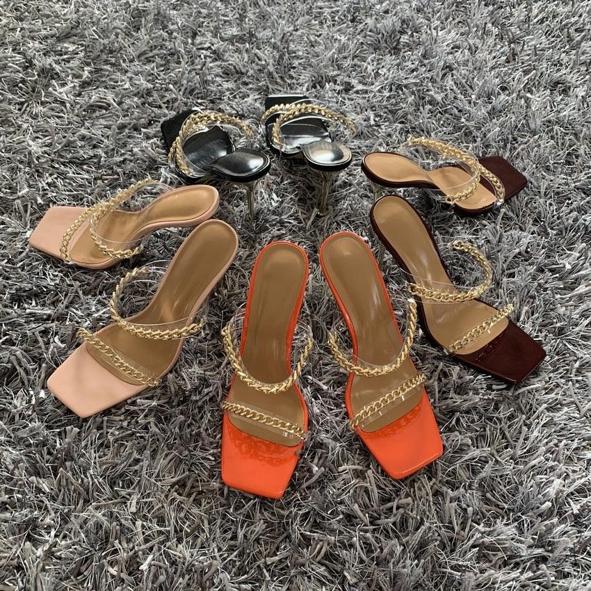 Summer Women Sandals Square Toe Ladies Heel Clear Transparent High Heels Slippers Fashion Chain Woman Open Toe Slip On Dress Luxury Party Backless Slides High Heels Slipper