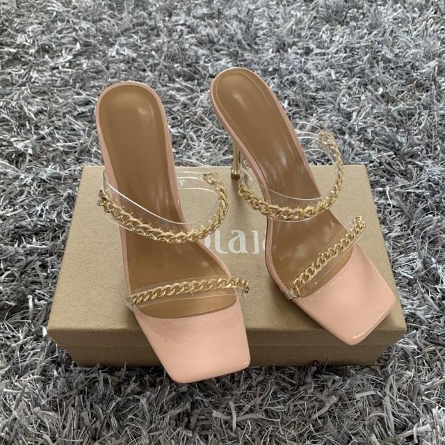 Summer Women Sandals Square Toe Ladies Heel Clear Transparent High Heels Slippers Fashion Chain Woman Open Toe Slip On Dress Luxury Party Backless Slides High Heels Slipper