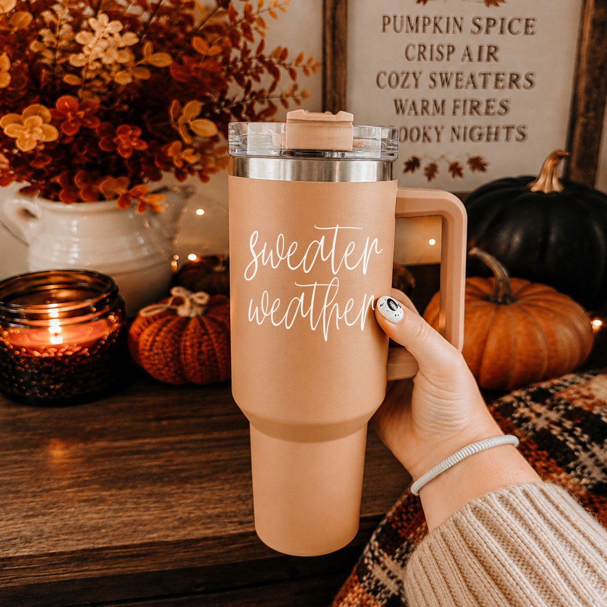 40oz pumpkin spice tumbler with sweater weather lettering
Neutral fall drink cup for pumpkin spice season
Sweater weather tumbler for fall markets boutiques and gift shops
Boutique gift tumbler for autumn and sweater weather season
Fall wholesale drinkware with cozy sweater weather quote
Autumn boutique cup with neutral sweater weather design
Seasonal fall tumbler for gift shops and boutiques
Fall drinkware for women with sweater weather quote
Cozy autumn cup for fall home decor lovers