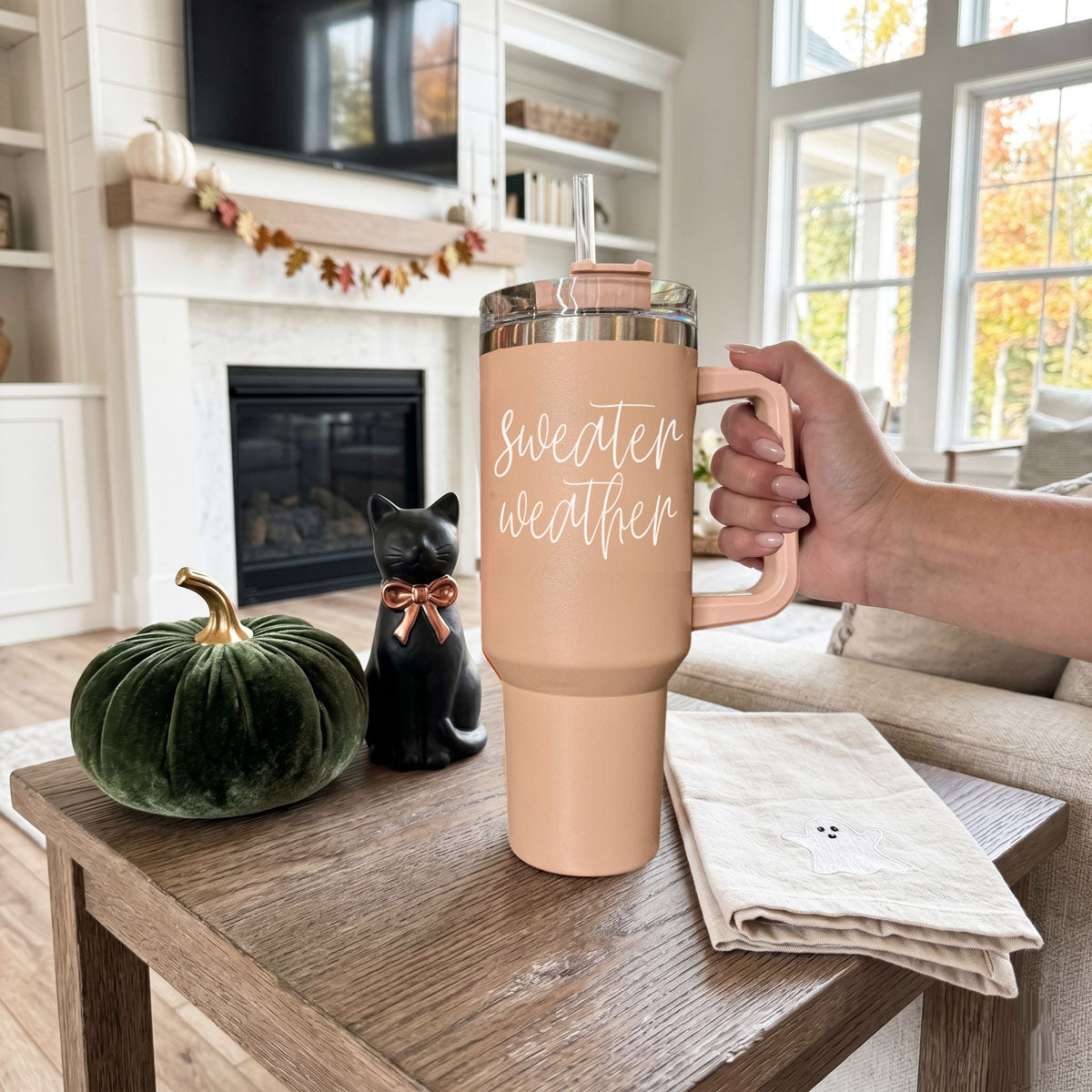 Fall hydration cup with sweater weather lettering
Autumn hydration tumbler with neutral seasonal design
Sweater weather water cup for fall days
Large fall water bottle alternative with handle and straw
40oz travel drink cup with sweater weather script
Sweater weather tumbler with lid straw and handle
Fall tumbler with reusable straw and cozy quote