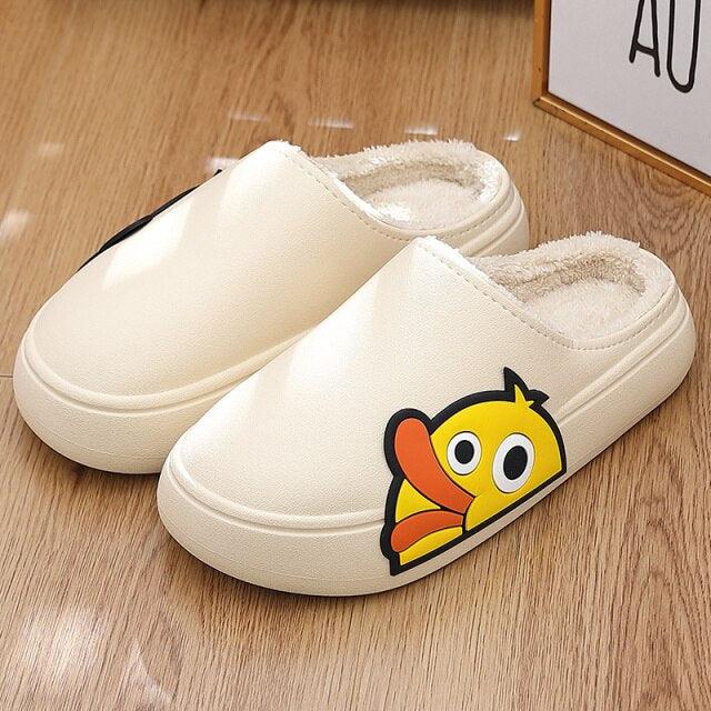 Thick Platform Winter Women Waterproof Non-Slip Home Rubber Slippers Warm Indoor Fur Cotton Women's Cozy Memory Foam Closed Back Slippers Wool-Like Blend Cotton House Shoes