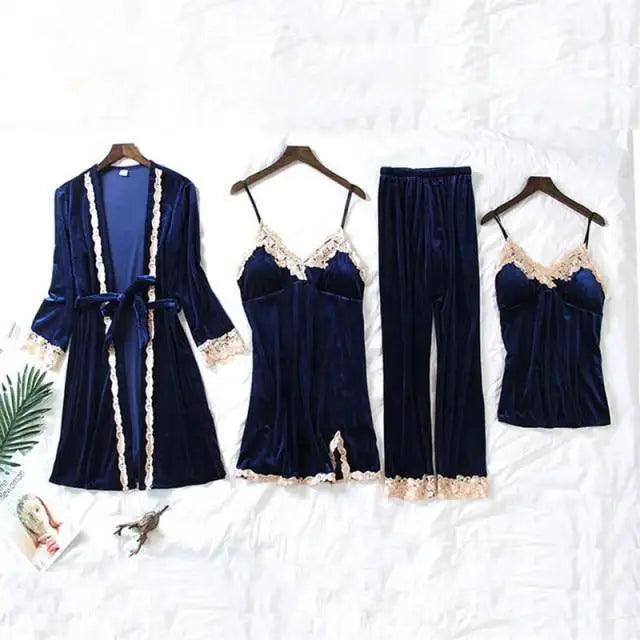 Trendy New Four Pieces Warm Winter Pajamas Sets Women Stylish Lace Robe Pajama Sleepwear Suit Sleeveless Nightwear Women's Sleepwear Set 4-Piece Women's Pajamas Elegant Comfortable Loungewear Satin Sleepwear with Robe Nightgown Pants