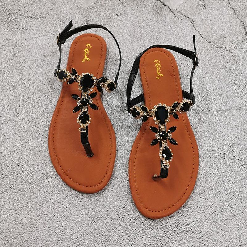 Trendy Summer Women's Shoes Beautiful Crystal Shiny Flat Sandals With Back Strap Footwear Rhinestones Flat Sandals Strappy Comfort Open Toe Flat Women Sandals