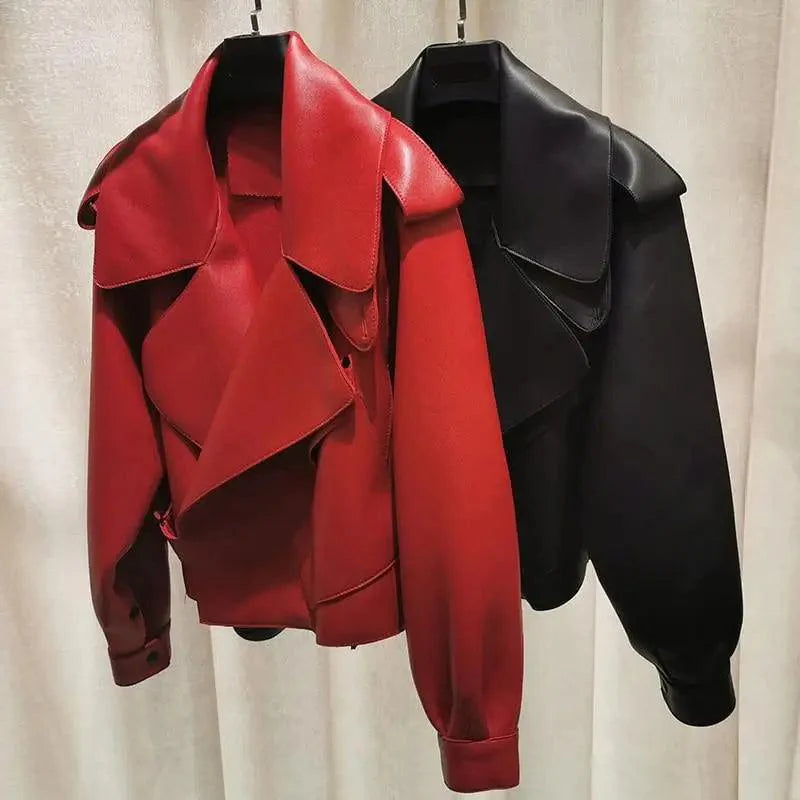 Unique Design Faux Leather Jacket Women Loose Soft Vintage Motorcycle Biker Coat Short Pu Leather Coat Female Punk Autumn Streetwear Outwear