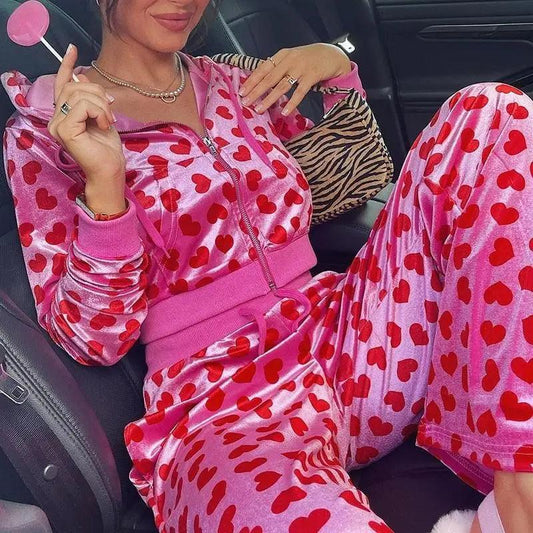 Unique Design Velvet Heart Print Cropped Top Bomber Jacket For Women Autumn Cute Pink Long Sleeve Coats Zipper Winter Overcoat