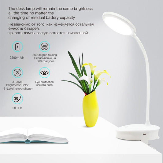 USB Rechargeable Led Clamp Desk Lamp Gooseneck Touch Dimming Clip On Reading Light For Book Bed and Computer 3 Color Modes Decorative Table Lamp Cute Study Lamps for Bedroom Décor