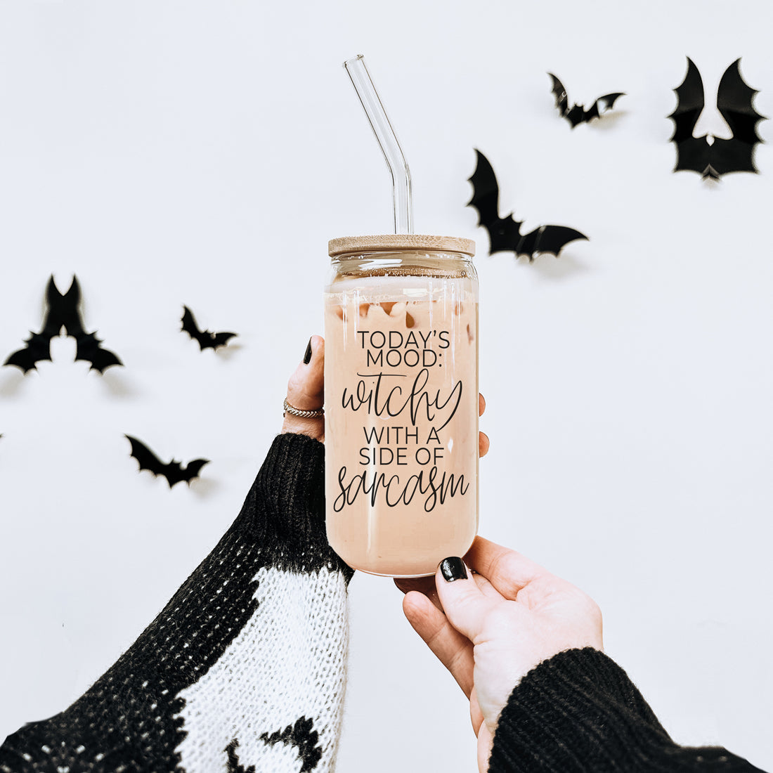 Sarcastic mood witch themed drink set
Glass coffee tumbler with witchy quote and bamboo lid"