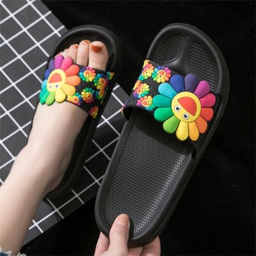 Women Beach Slippers Women's Rainbow Colors Woman Cute Flower Flat Shoes Footwear Ladies Slides Waterproof Summer Beach Slippers Slipper With Comfort Non Slip Sole Women’s Slim Flip Flop
