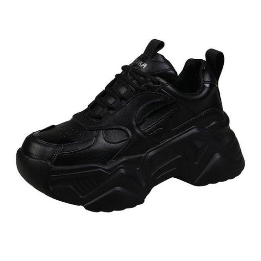 Women Platform Sneakers Leather Casual Ladies Chunky Shoes Woman High Black Fashion Thick Soled Sports Walking Shoes Lace Up Platform Leather Trainers Sneakers