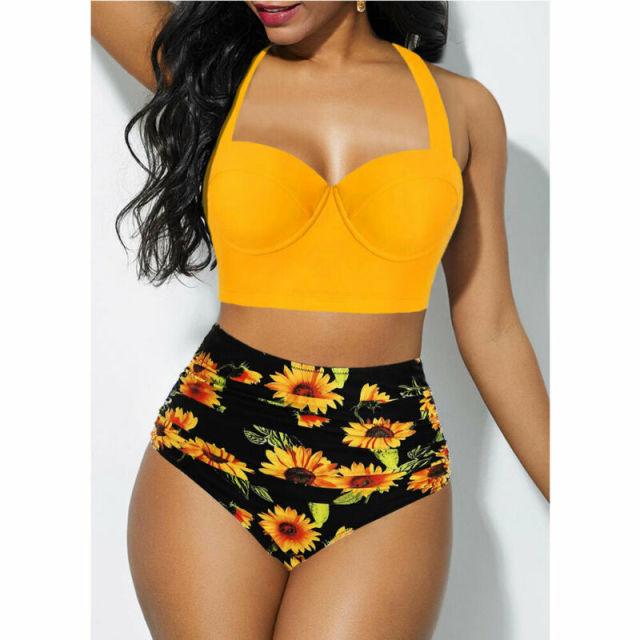 Women's Push Up Padded Bra Bikini Set Women Vintage Tropical Print Swimsuit Retro Halter High Waist Bikinis Bra Set Swimwear Two Piece Bathing Suit High Waist Swimsuit Floral Bathing Suit Swimwear Summer Bathing Suit Beachwear