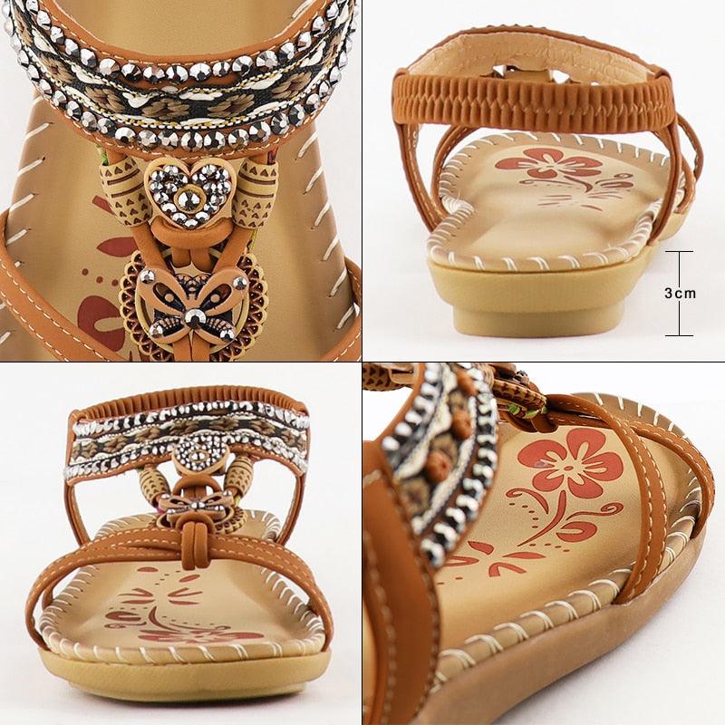 Women Summer Vintage Shoes Sandals Butterfly-knot Rhinestone Slides Elastic Band Sandal Comfort Flats Sandals With Elastic Ankle Strap Casual Rhinestone Shoes Beach Slip On Sandals