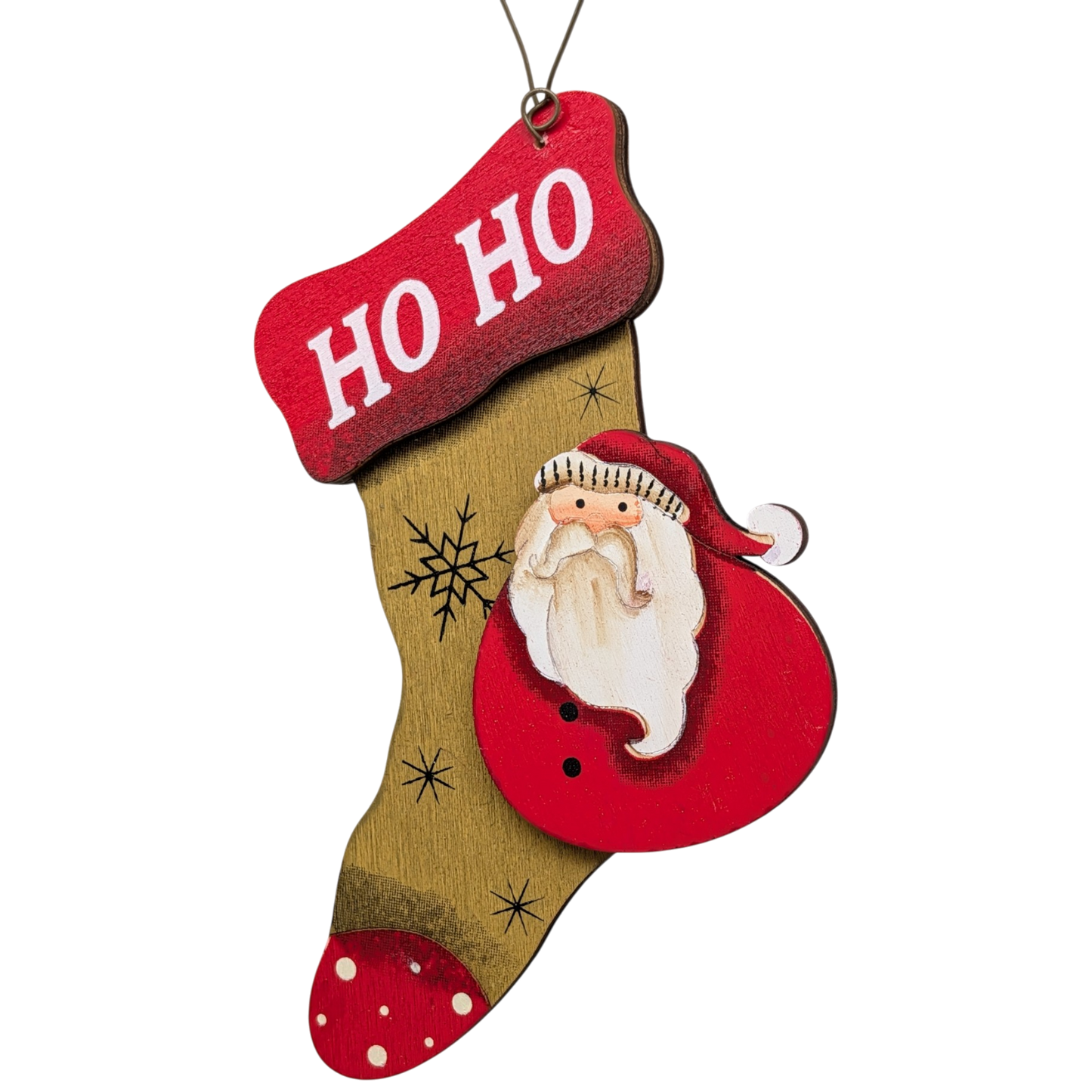 Santa's Cozy Stocking: Hand-Painted Plywood Ornament