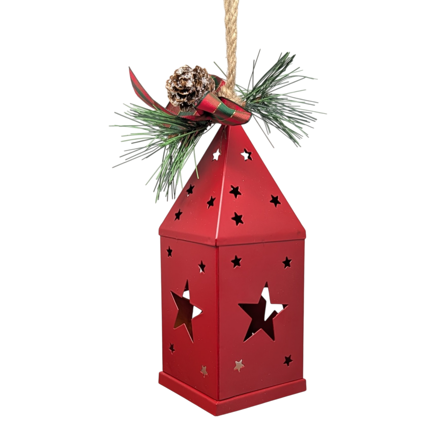 Punched-Tin Lighted Lantern - Red