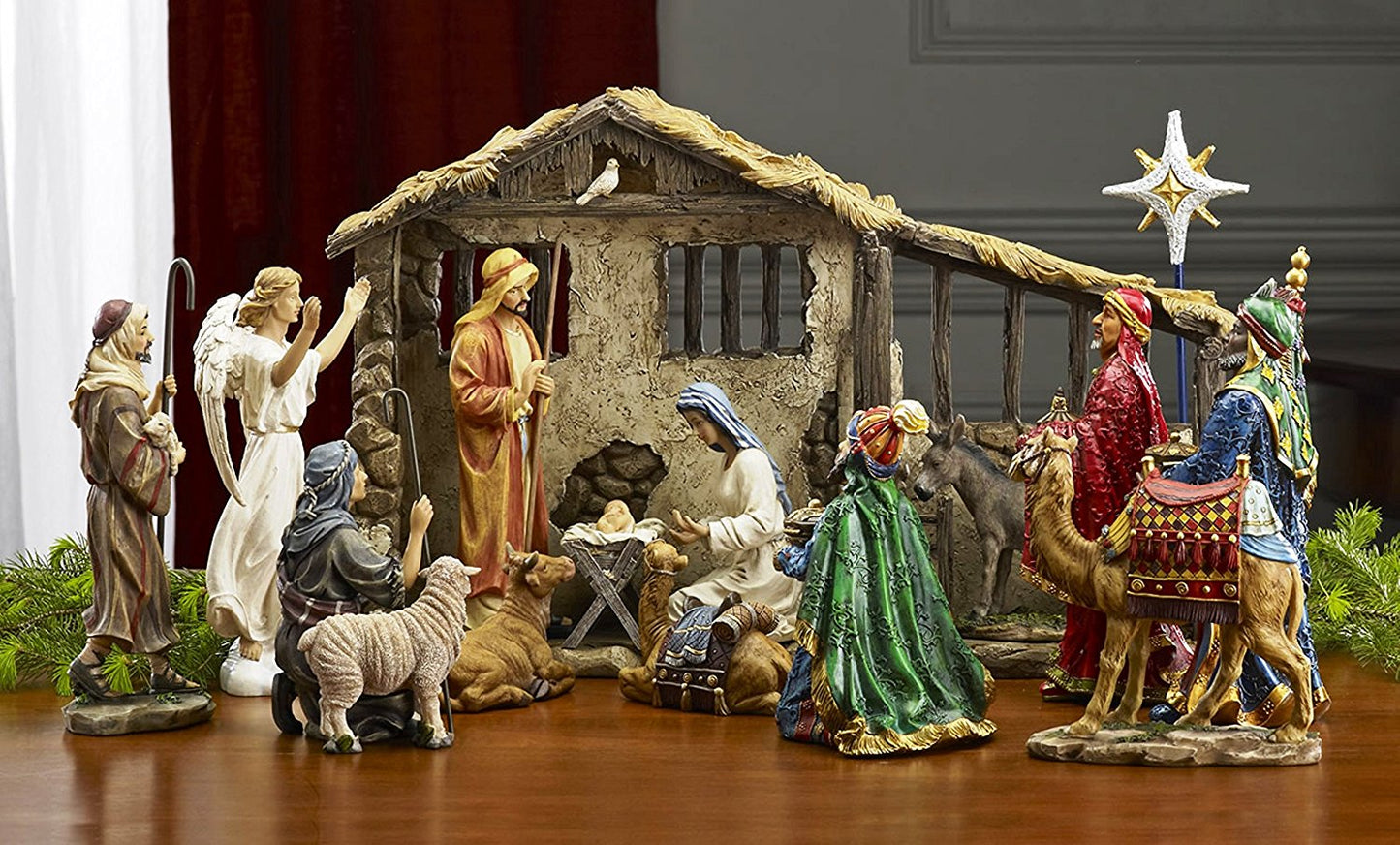 7 Inch Real Life Nativity Set - Includes All People, Lighted Manger, Chest Of Gold, Frankincense & Myrrh