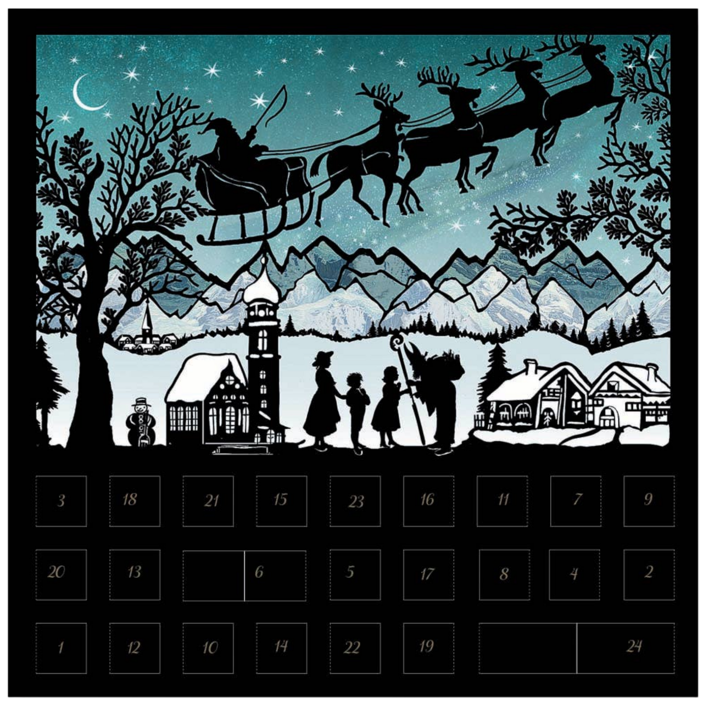 Santa's Journey Across the Winter Sky: A Town's Magical Vigil Silhouette Advent Card