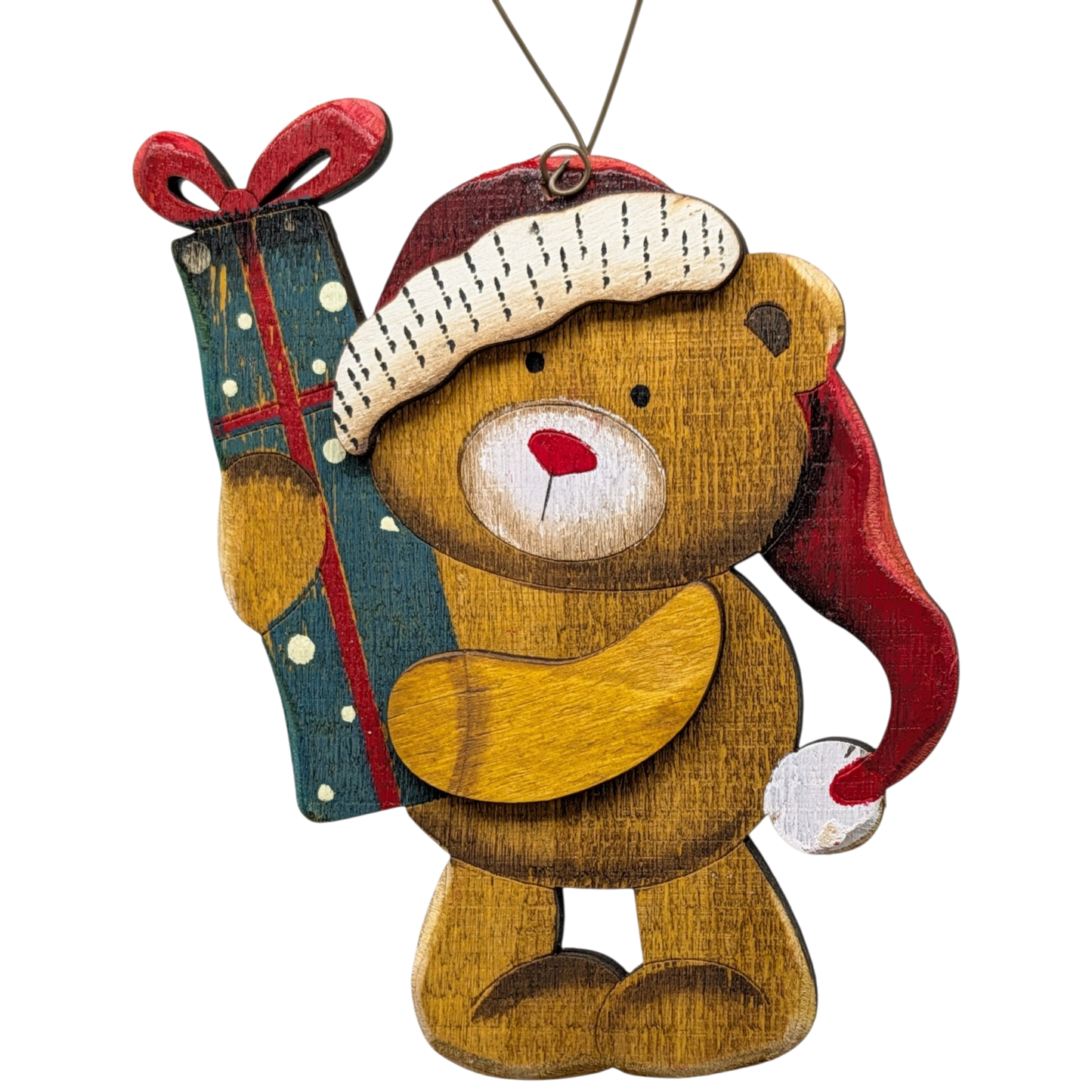 Teddy's Christmas Cheer: Hand-Painted Plywood Ornament
