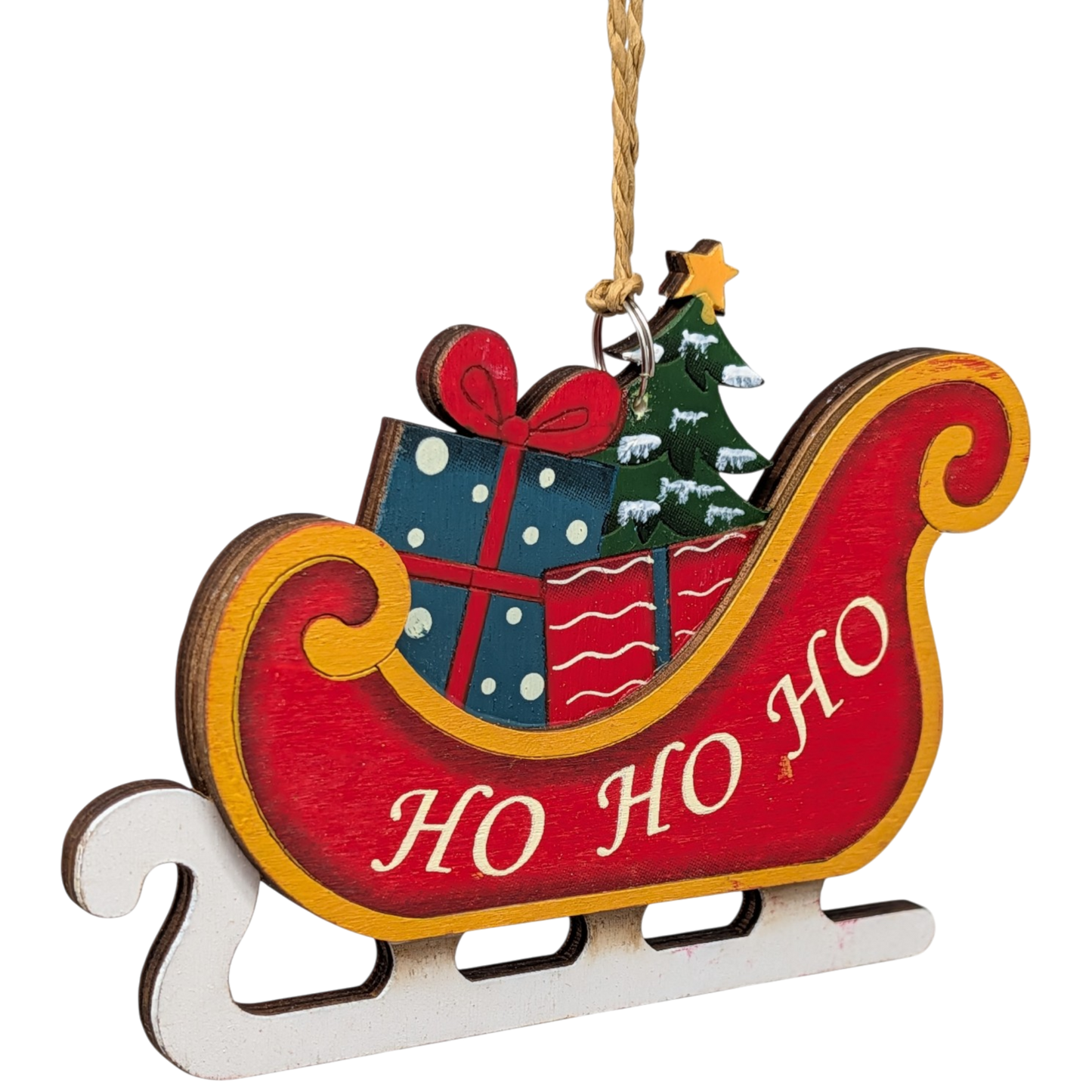 Santa's Sleigh of Wonders: Hand-Painted Plywood Ornament