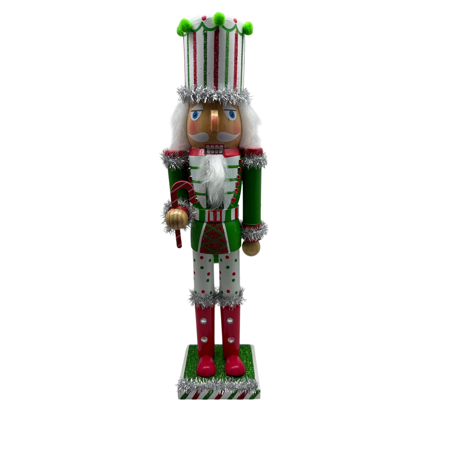 Red White and Green Nutcracker With Striped Hat