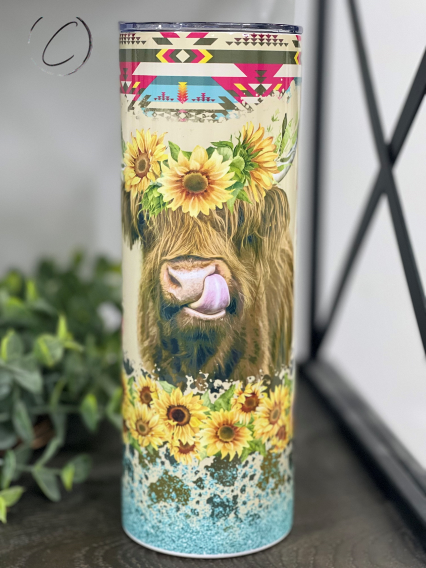 Aztec Sunflower Highland Cow 20oz Skinny Tumbler