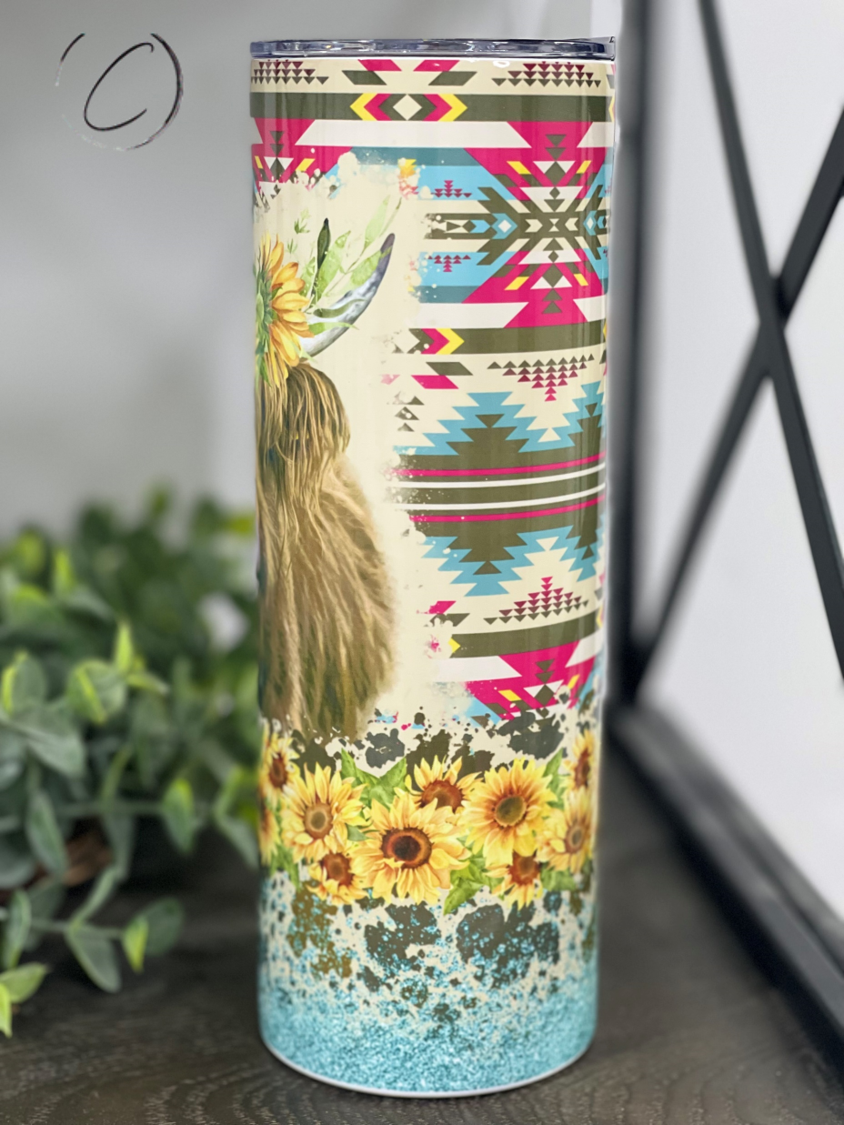 Aztec Sunflower Highland Cow 20oz Skinny Tumbler