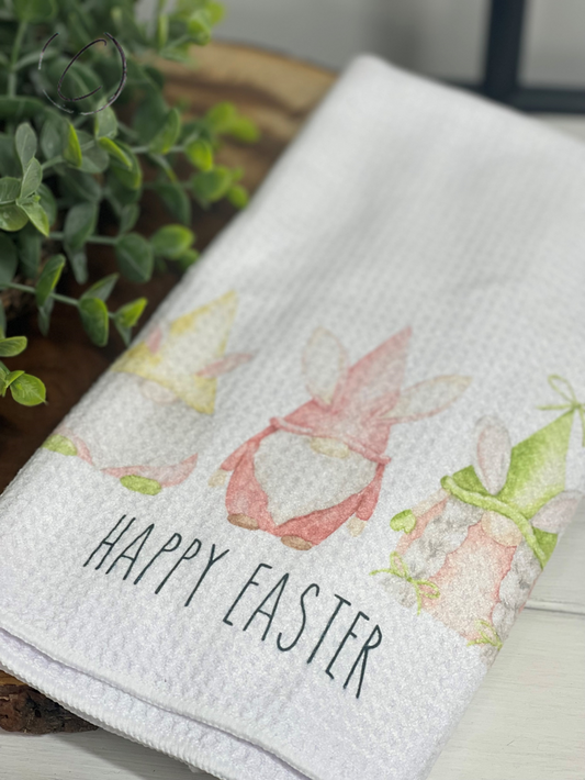 Happy Easter Gnomes Waffle Weave Tea Towel